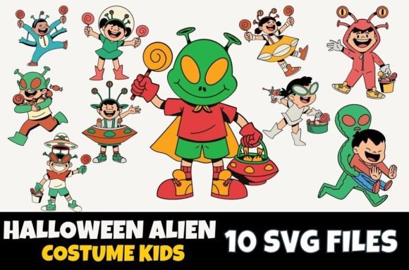 Kids Wearing Alien Costume for Halloween Graphics